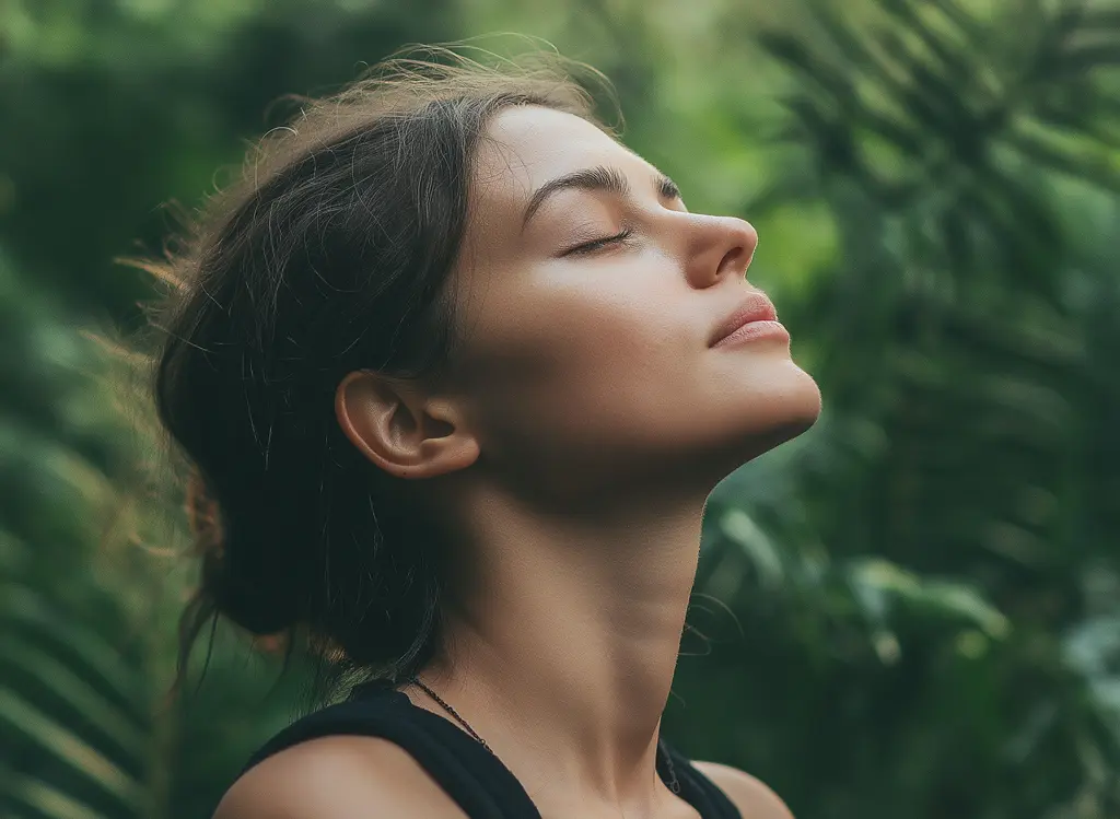Femme en pleine respiration, sophrologie et bien-être en nature